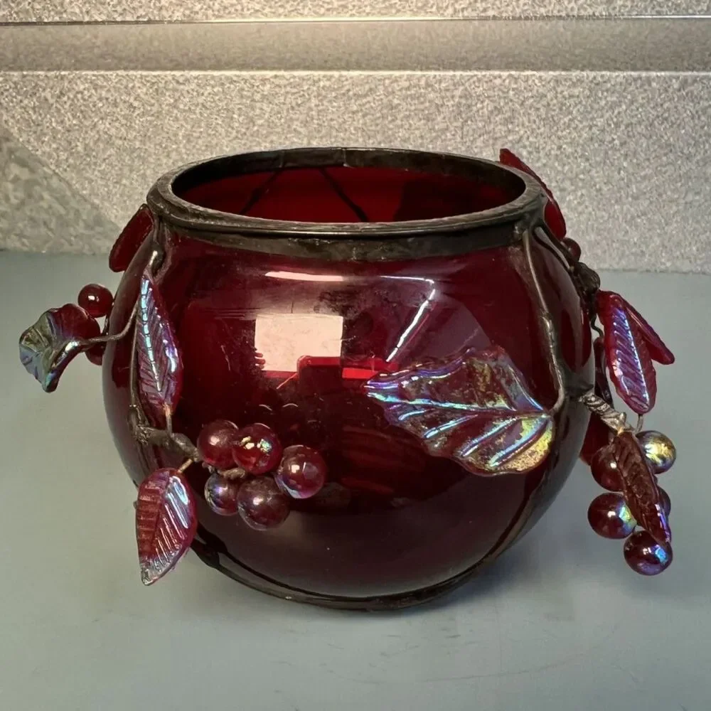 Vintage Cranberry Red Glass Centerpiece Bowl/Vase with Iridescent Leaves